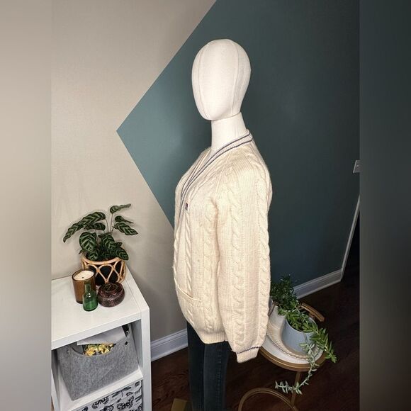 Vintage 80s Preppy CableKnit Wool Cardigan Sweater Quattro Quadrai for Crocodile - Picture 2 of 9